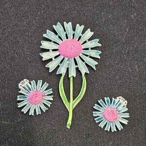Vintage Enamel Blue & Pink Flower Brooch and Clip On Earrings Set